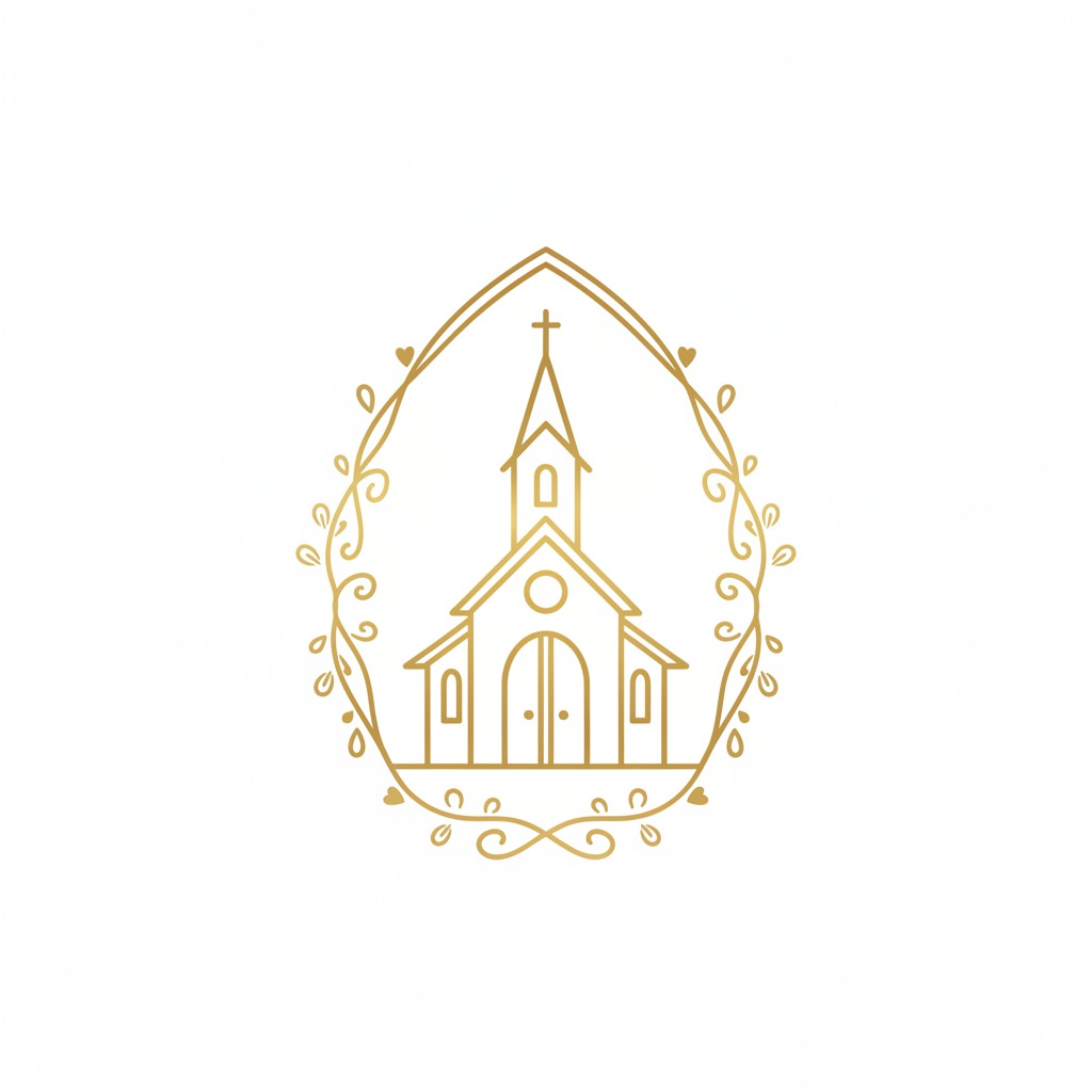 Logotipo dourado com o desenho de uma igreja dentro de uma moldura oval decorada com ramos e corações.